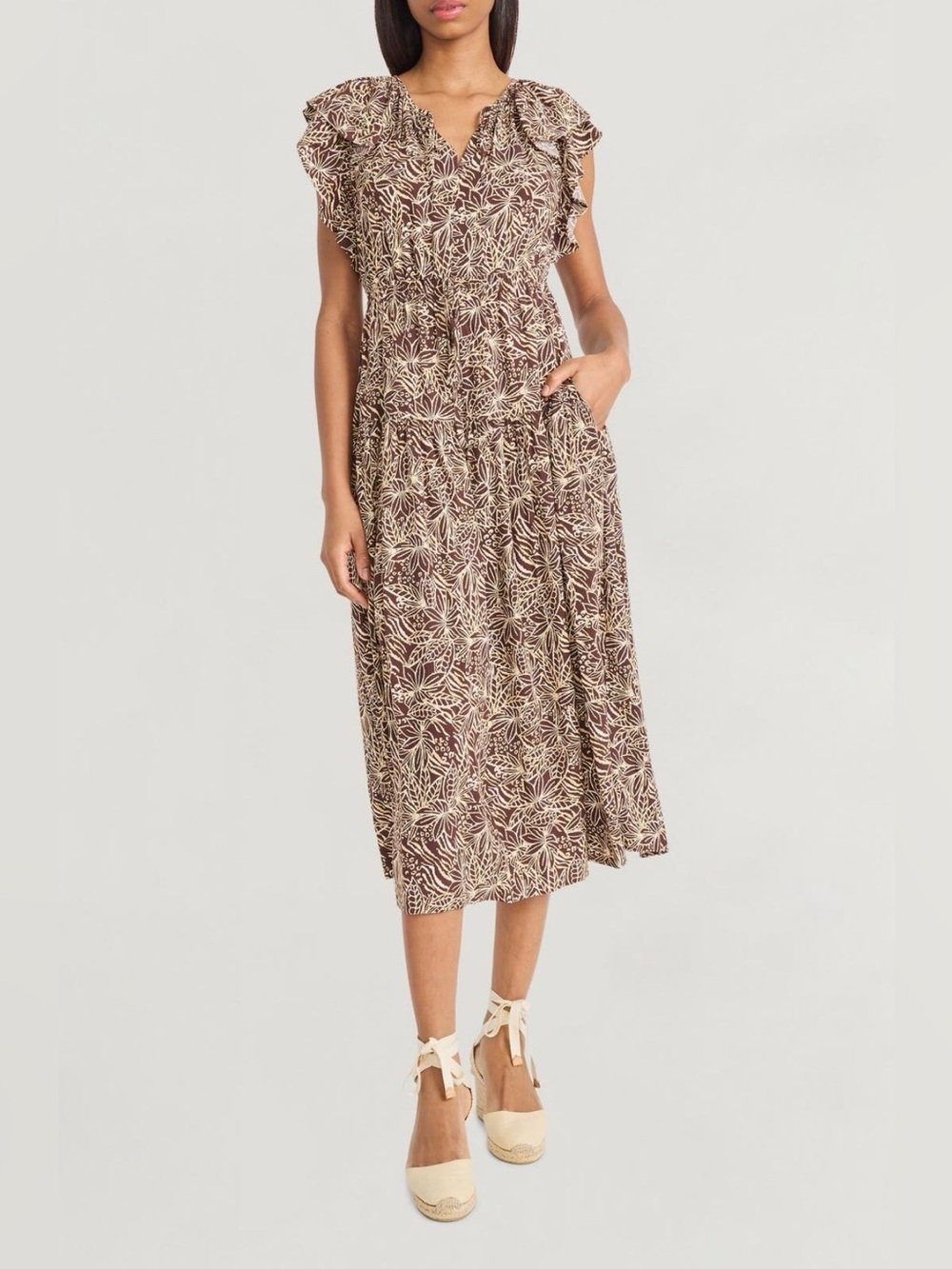 The Good Journey Ruffle Cap
Sleeve Midi Dress, Brown/Ivory, Size 16